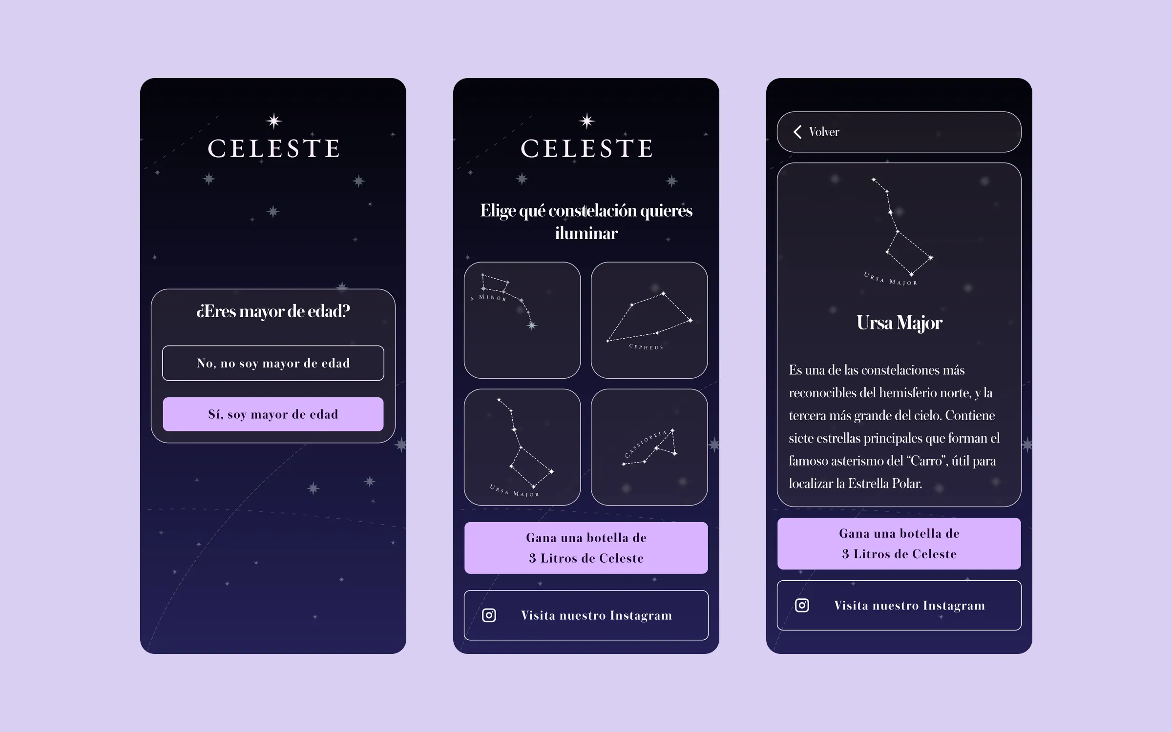 Tres pantallas de la web app de Celeste: verificación de edad, selector de constelaciones y ficha de la Osa Mayor, sobre fondo lila.