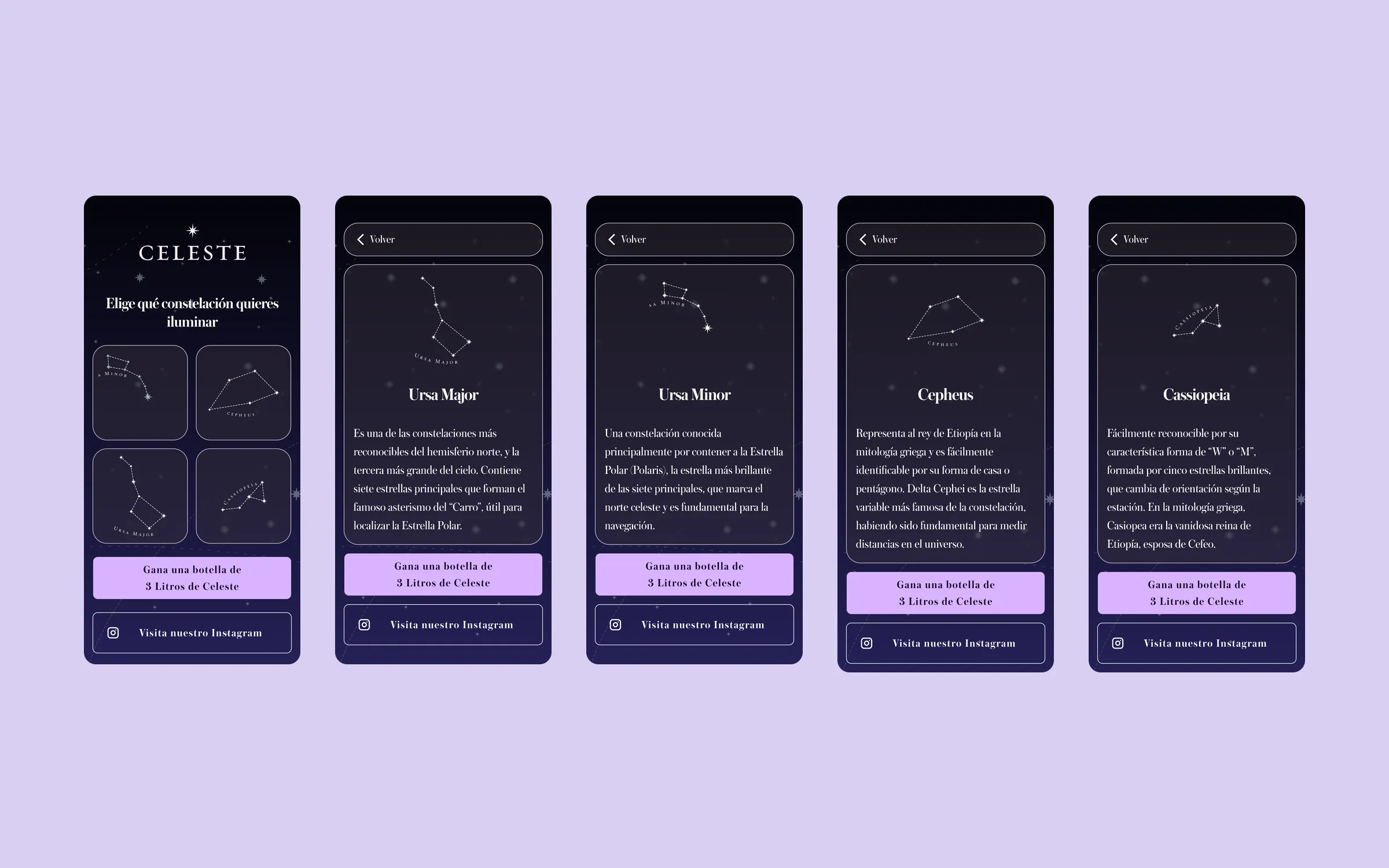 Cinco pantallas de la web app: selector de constelaciones y fichas de Osa Mayor, Osa Menor, Cefeo y Casiopea.