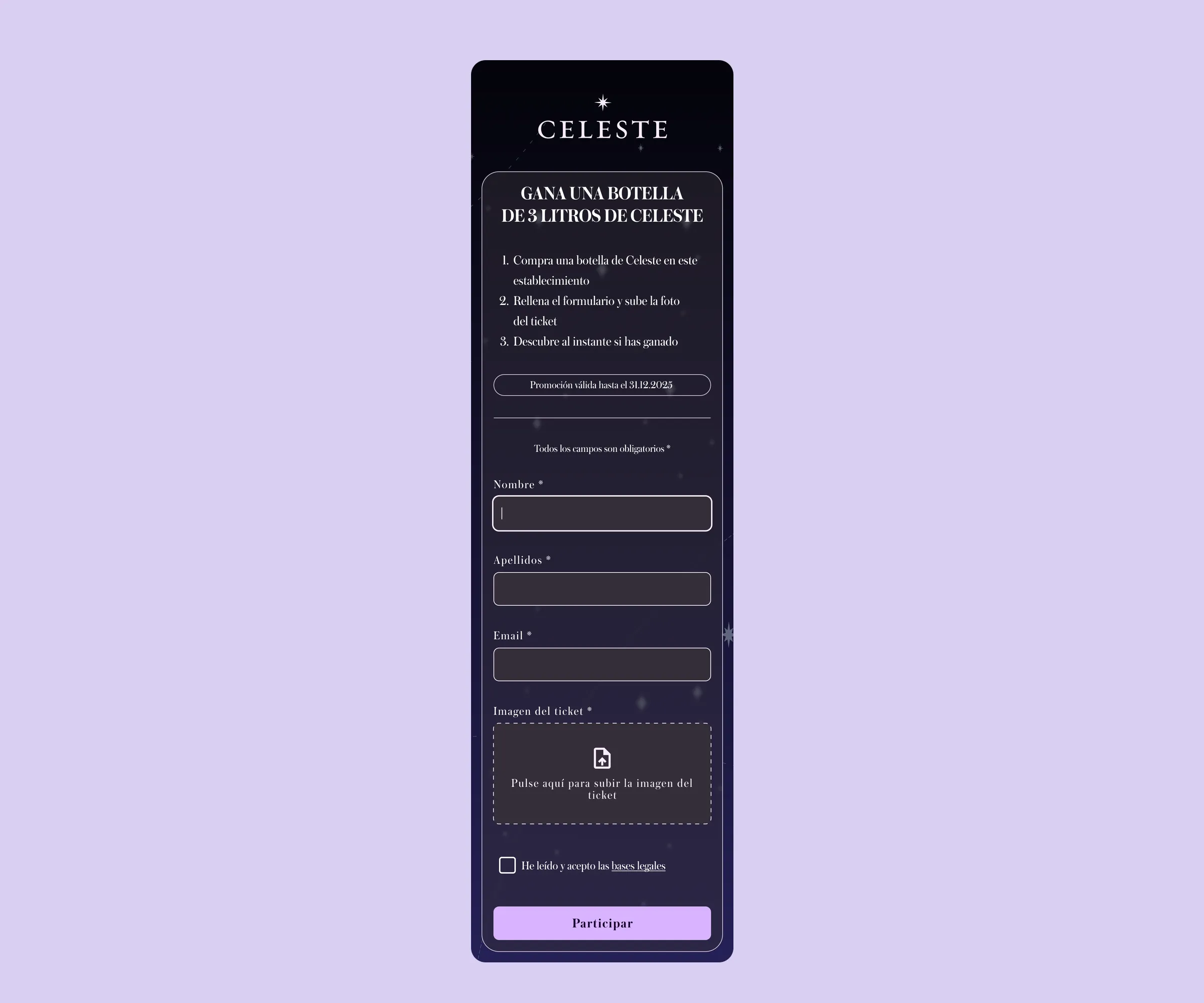Formulario completo de participación con campos de nombre, apellidos, email, subida del ticket y aceptación de bases legales.