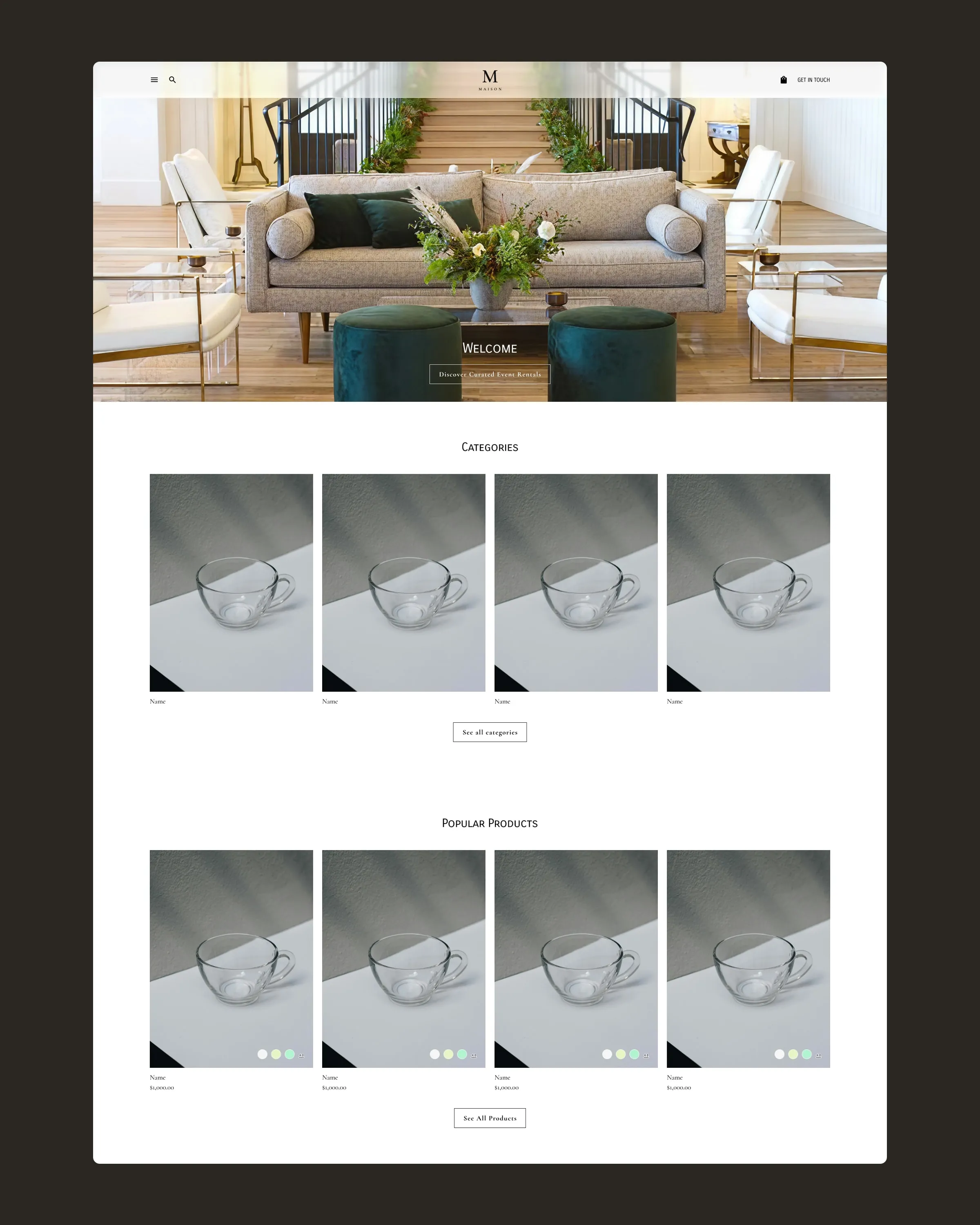 Página de inicio completa: fotografía de un salón de eventos, categorías y productos populares.