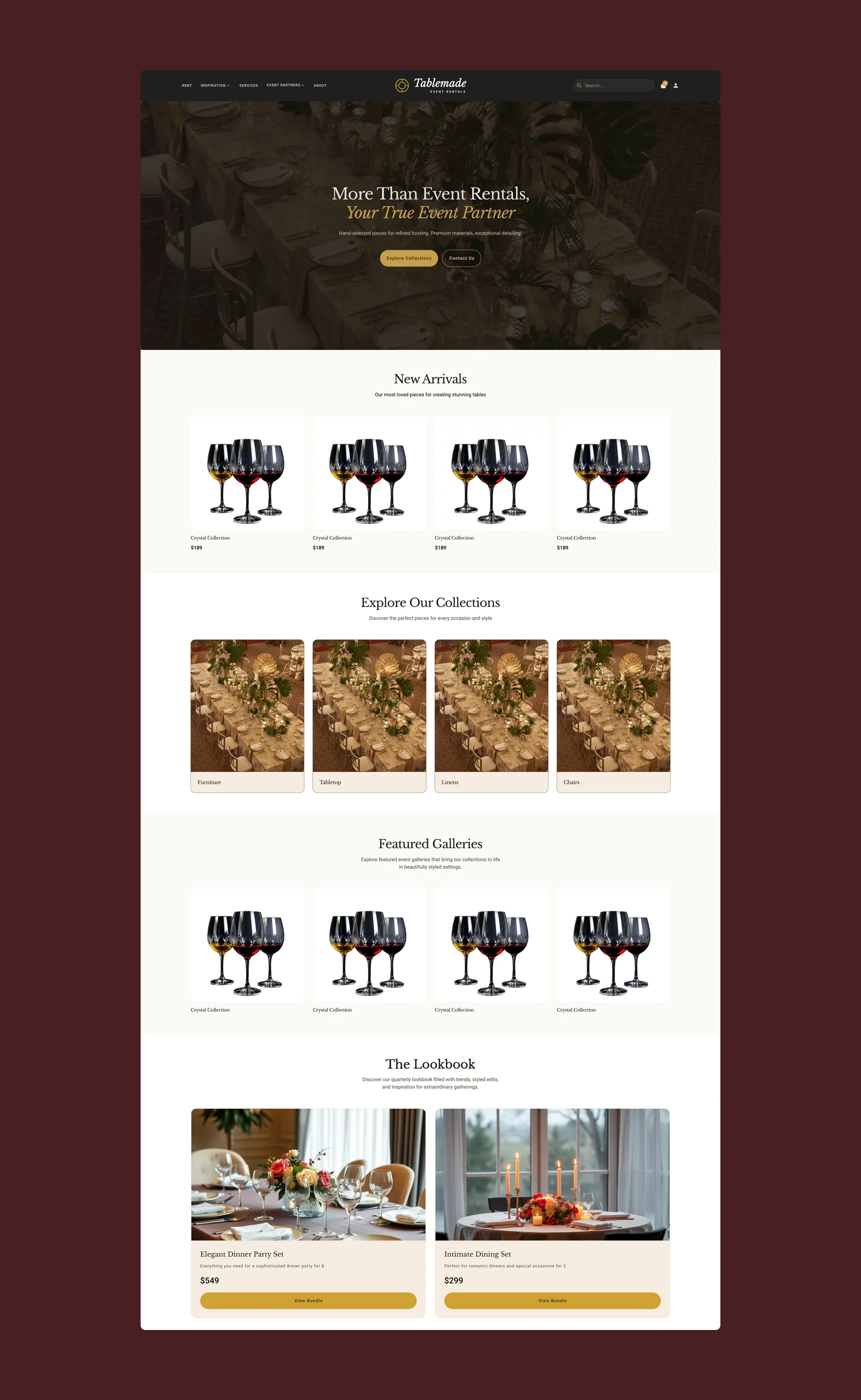 Home en escritorio: titular sobre una mesa de evento, novedades, colecciones, galerías destacadas y lookbook con packs.