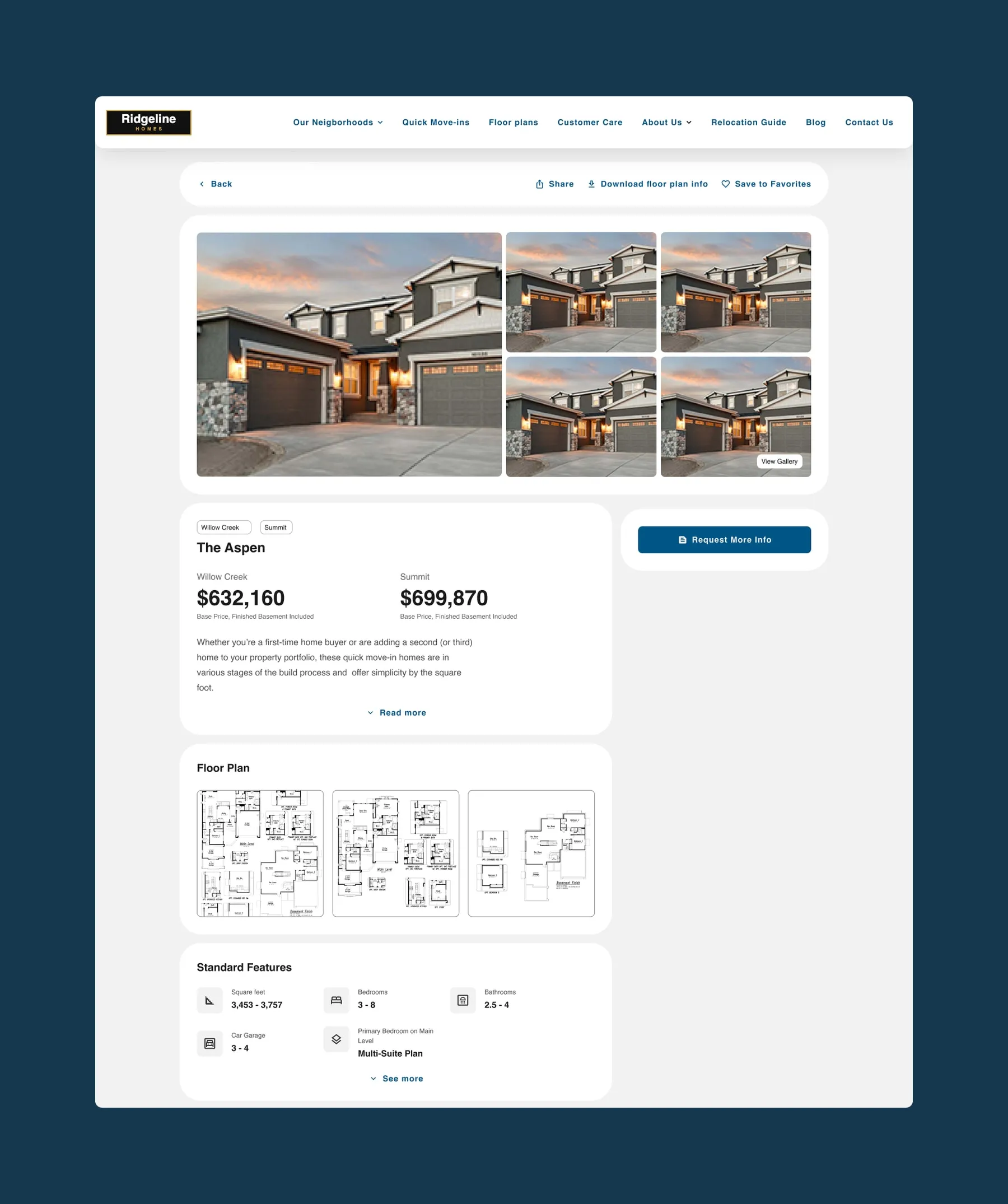 Ficha de un plano de vivienda con galería, precio base por barrio, planos técnicos y características estándar.