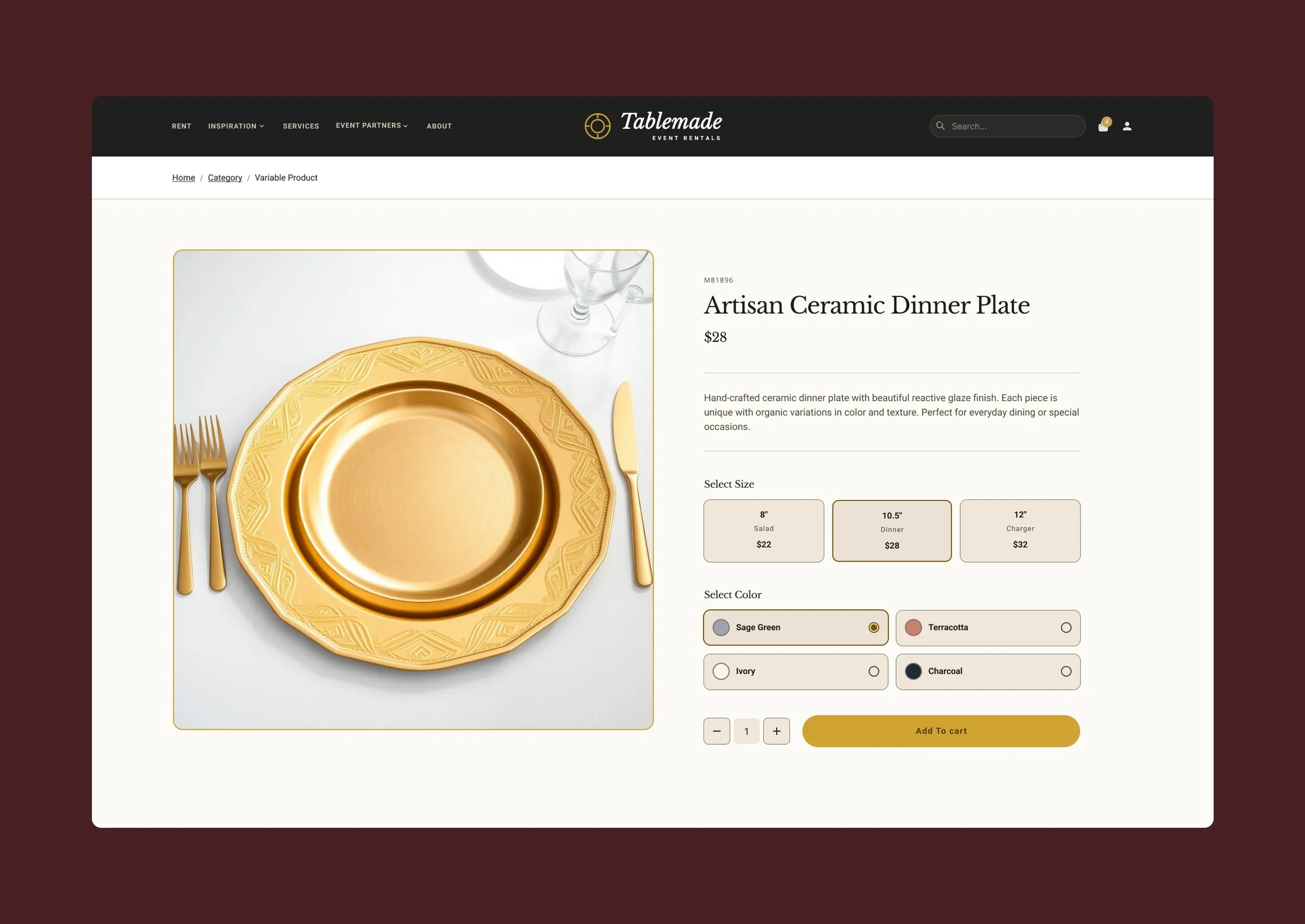 Ficha de un plato con galería, selección de tamaño con precio por tamaño y selección de color.