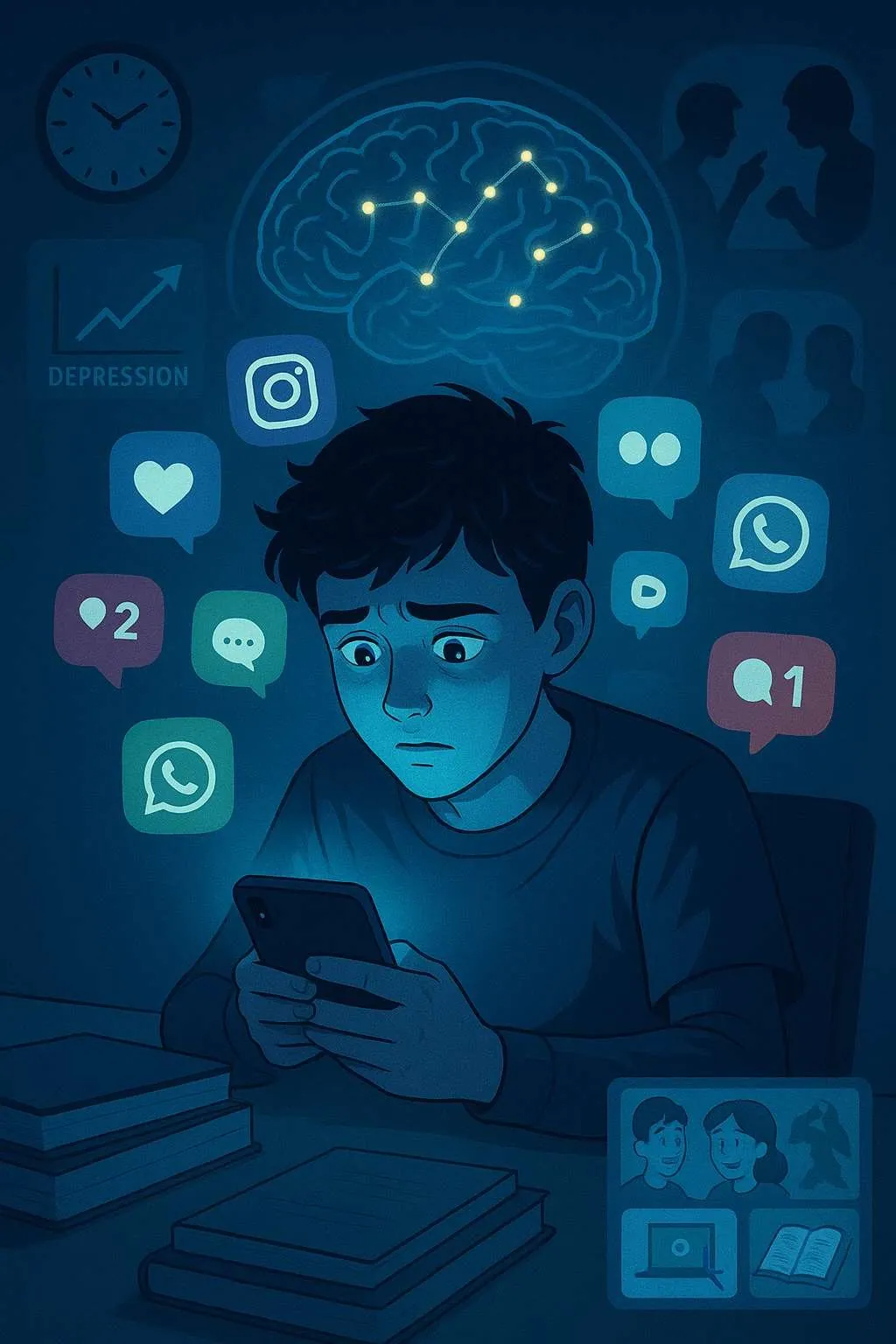 Ilustración de un adolescente con expresión preocupada mirando el móvil de noche, rodeado de iconos de redes sociales, notificaciones, un cerebro iluminado y la palabra "DEPRESSION".