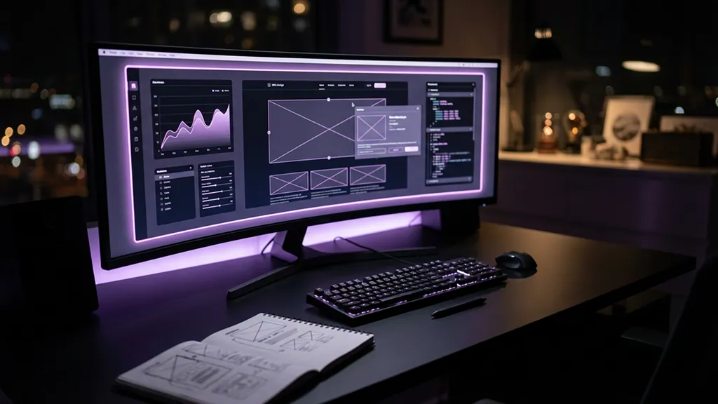 Monitor curvo ultra-ancho con luz púrpura, mostrando un dashboard de diseño UI con gráfico de líneas, wireframe y panel de código, junto a teclado, ratón, bolígrafo y cuaderno de bocetos sobre un escritorio oscuro.