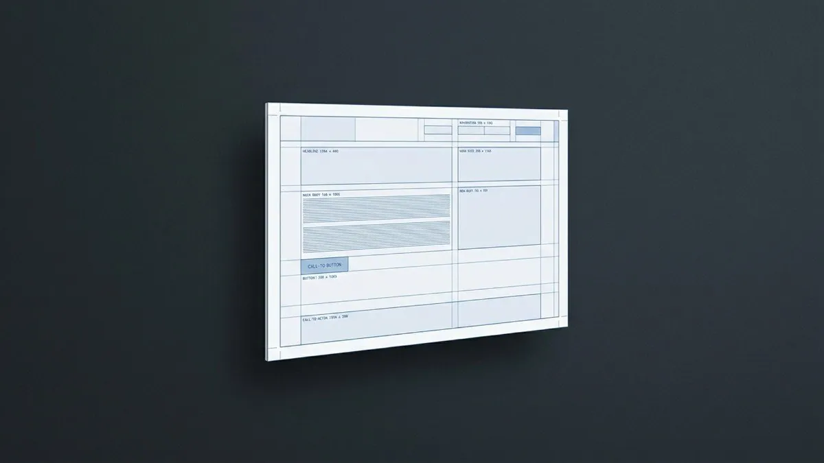 Wireframe en perspectiva de una página web con secciones etiquetadas: cabecera, hero, cuerpo de texto, botón de llamada a la acción y pie de página.