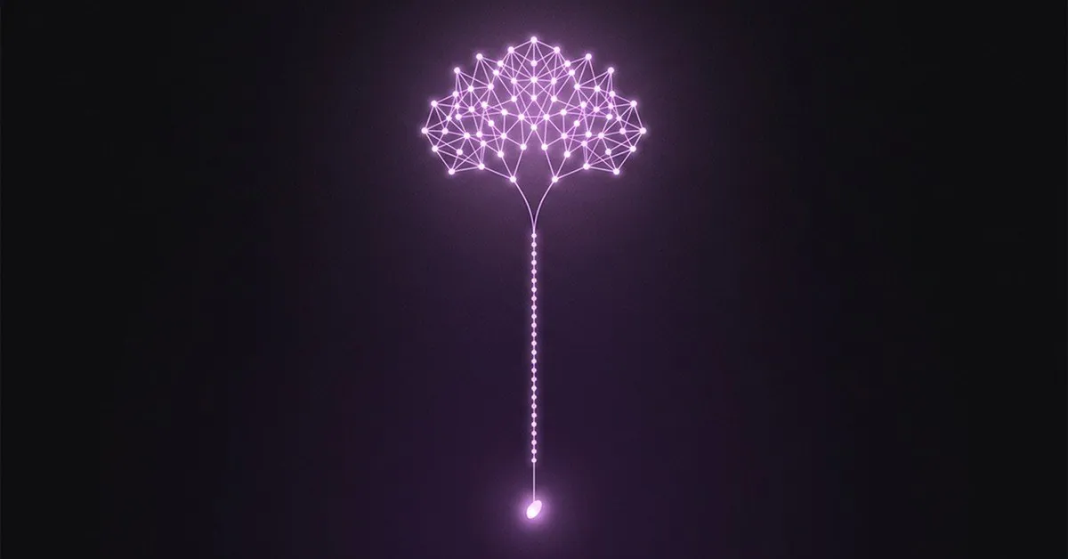 Red neuronal morada brillante con forma de globo atado a un hilo, conectada a un único nodo iluminado en la parte inferior.